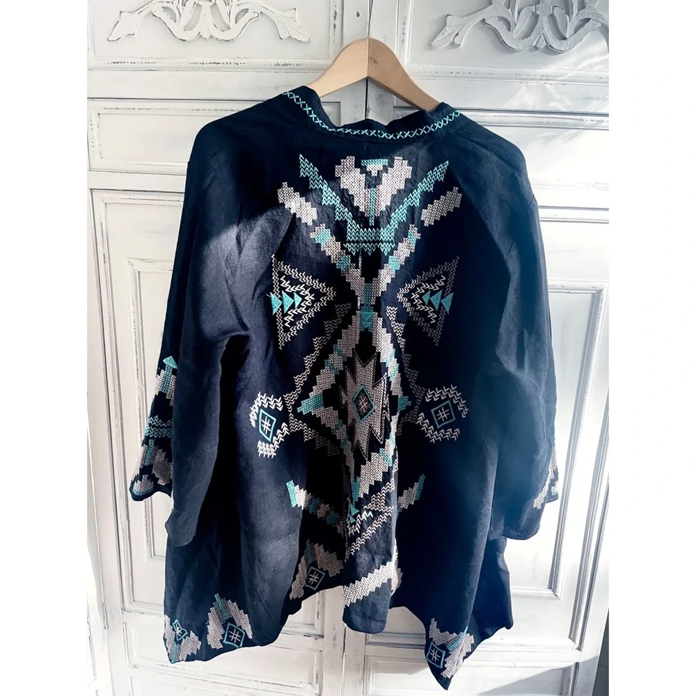 NWOT Johnny Was Linen Embroidered Aztec Kimono Black, Tan & Aqua - Picture 5 of 15